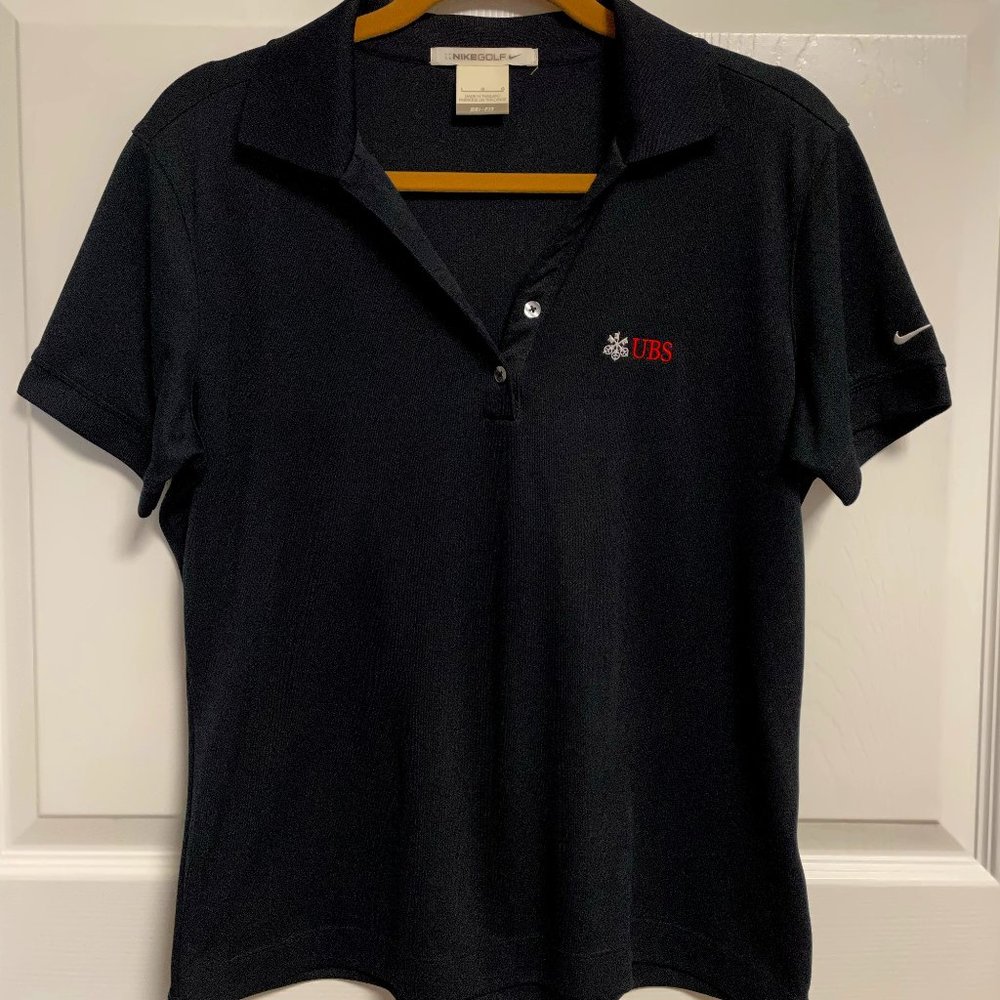 NIKE GOLF Womens Dri-Fit Short Sleeve Polo Shirt Black Sz Large (L) w/ UBS Logo